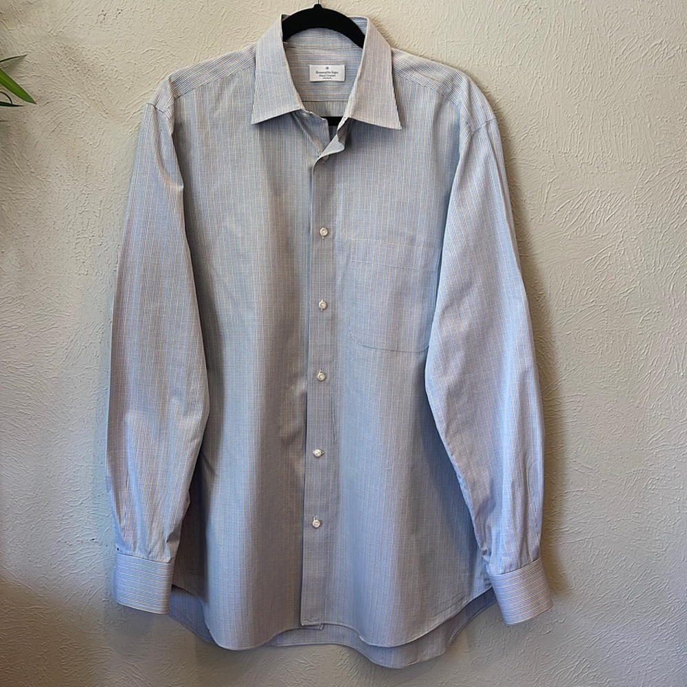 Ermenegildo Zegna windowpane plaid men’s long-sleeve dress shirt. Neck 17.